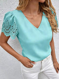 V-Neck Lace Short Sleeve Blouse
