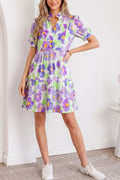 Floral V Collar Short Sleeve Tiered Ruffle Mini Dress
