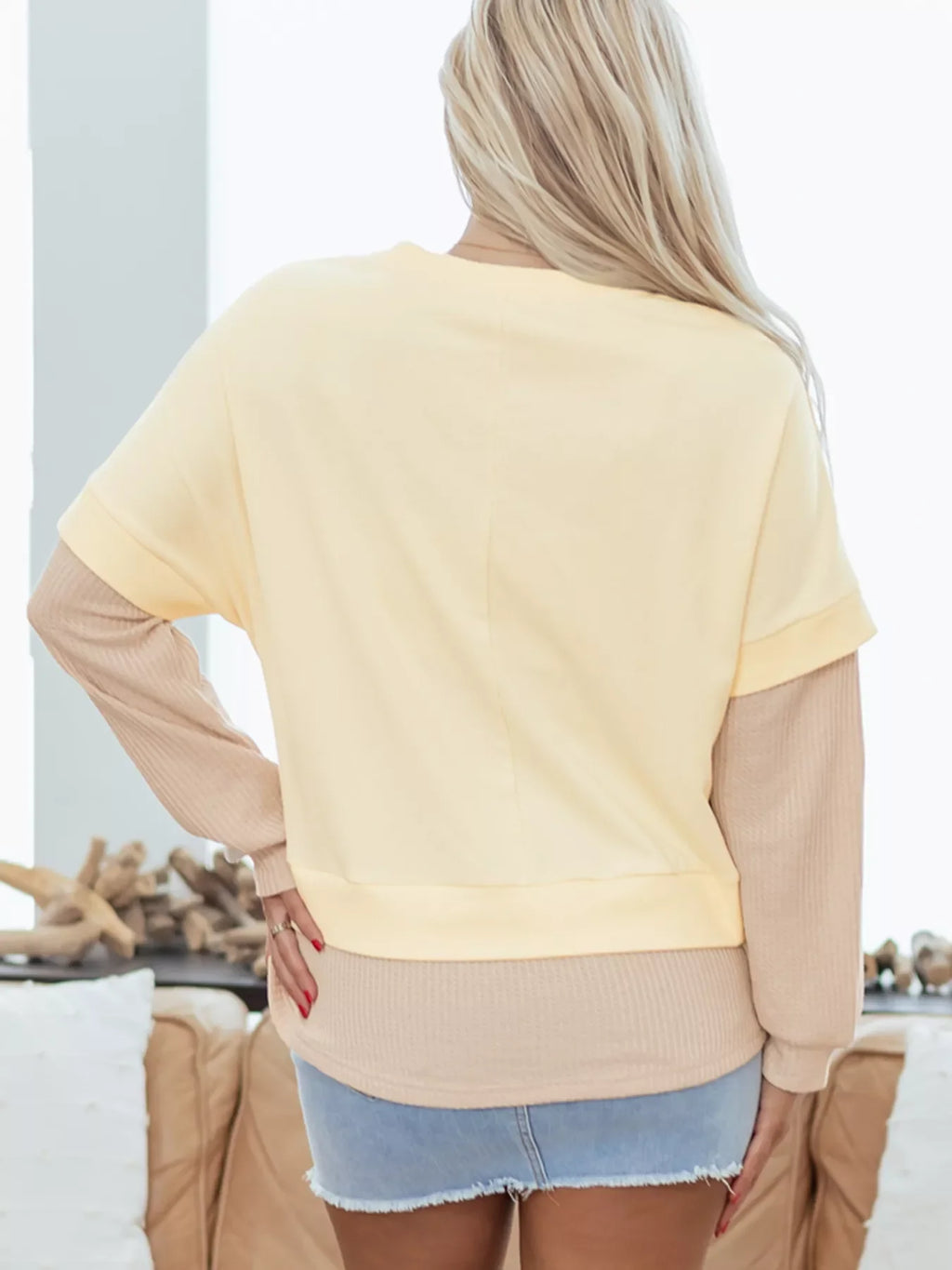 2 in 1 Faux Two Piece Patchwork Round Neck Sweatshirt