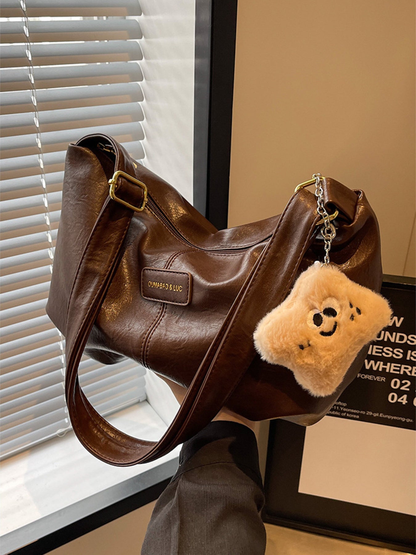 PU Leather Crossbody Bag with Plush Charm