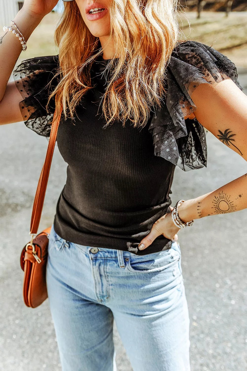 Polka Dot Mesh Sleeve Ribbed Top