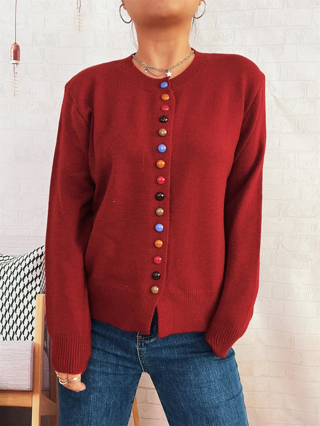 Button-Front Cardigan with Colorful Detail Buttons