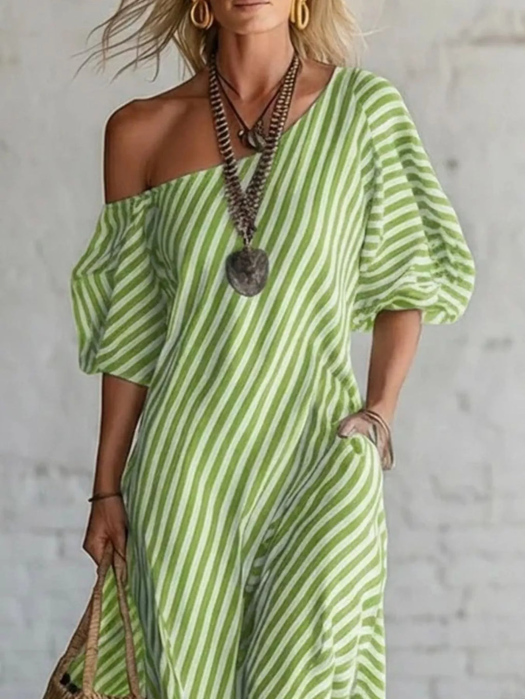 Full Size Striped One-Shoulder Casual Maxi Dress Plus Size