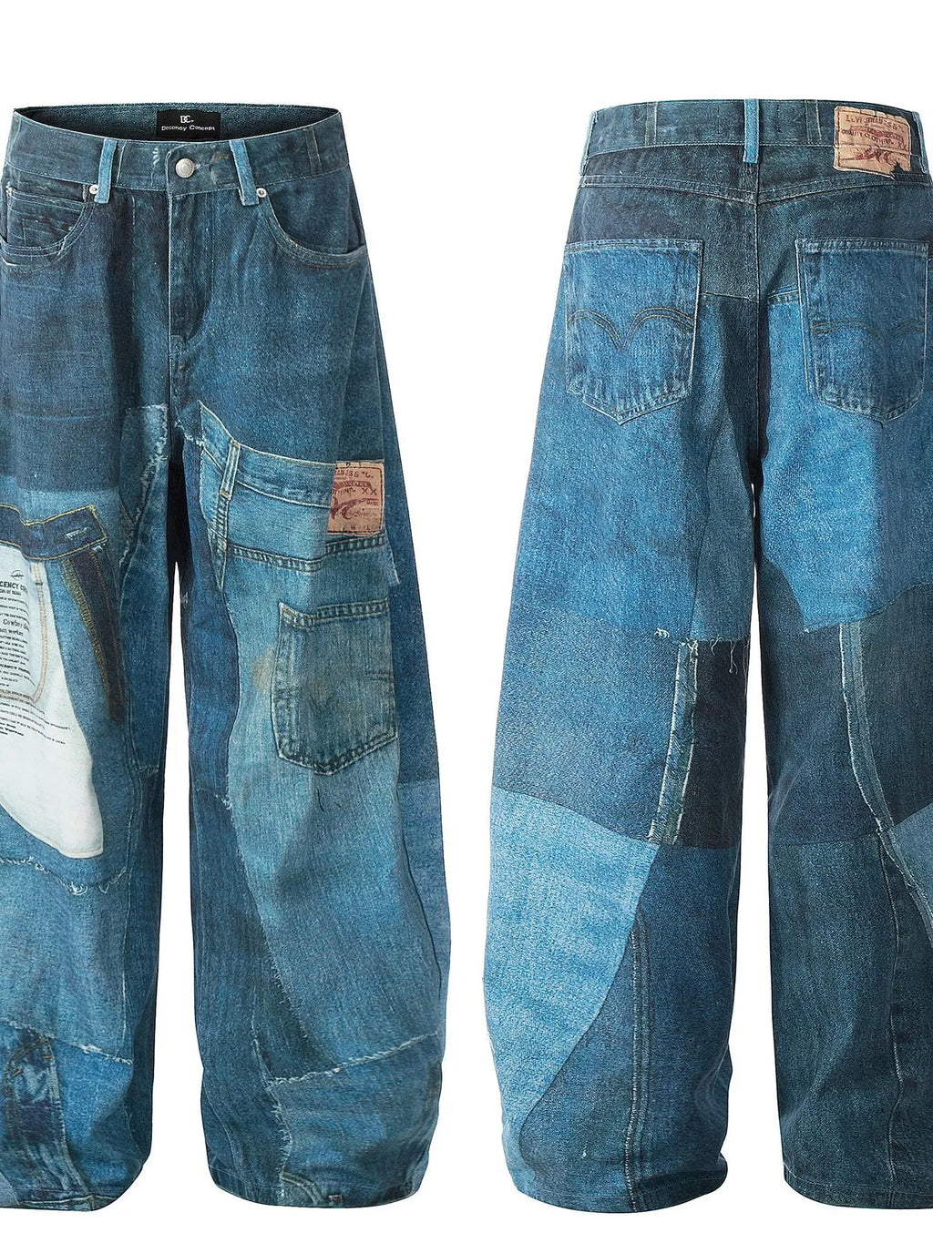 Men's Washed Patchwork Wide Leg Curved Jeans