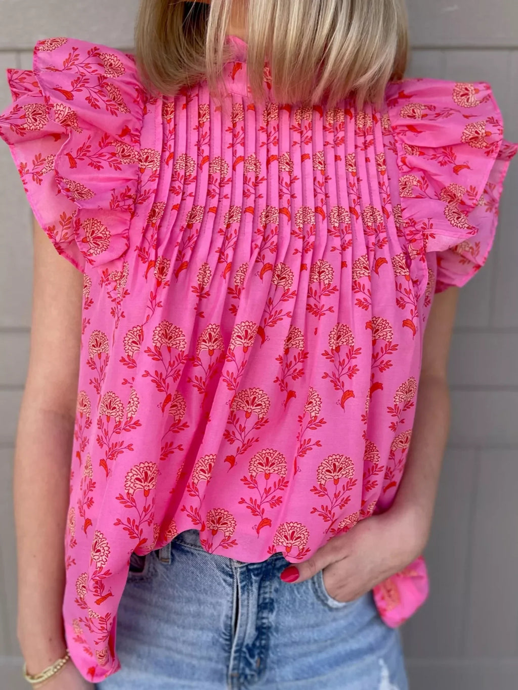 Floral Print Pleated Ruffled Flutter Sleeve Blouse