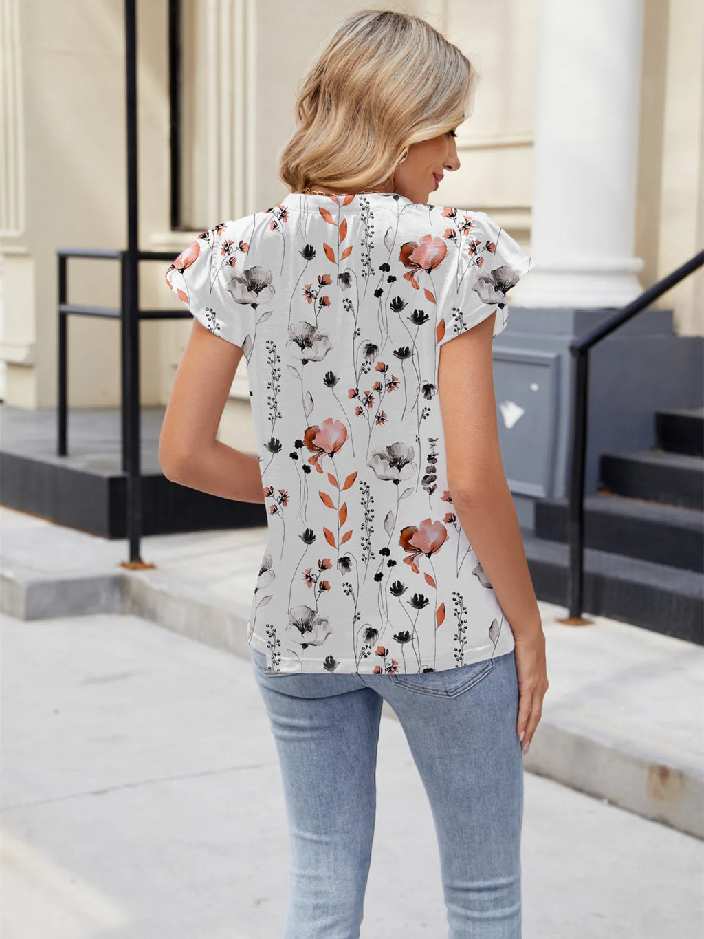 Floral Print V-Neck Cap Sleeve Casual Summer Blouse