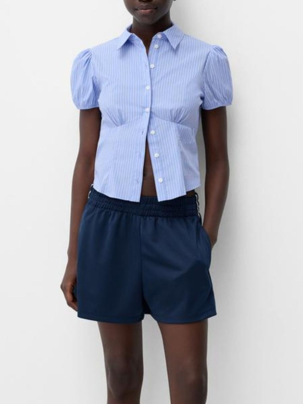 Striped Button Up Puff Sleeve Shirt