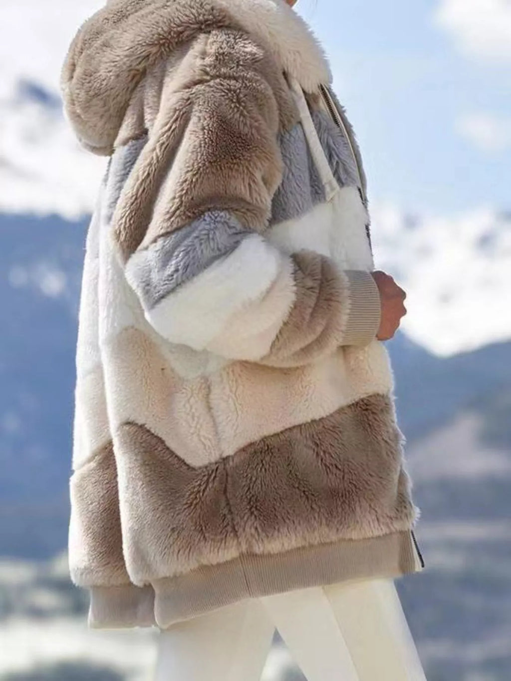 Full Size Fuzzy Zip Up Hooded Outerwear Plus Size