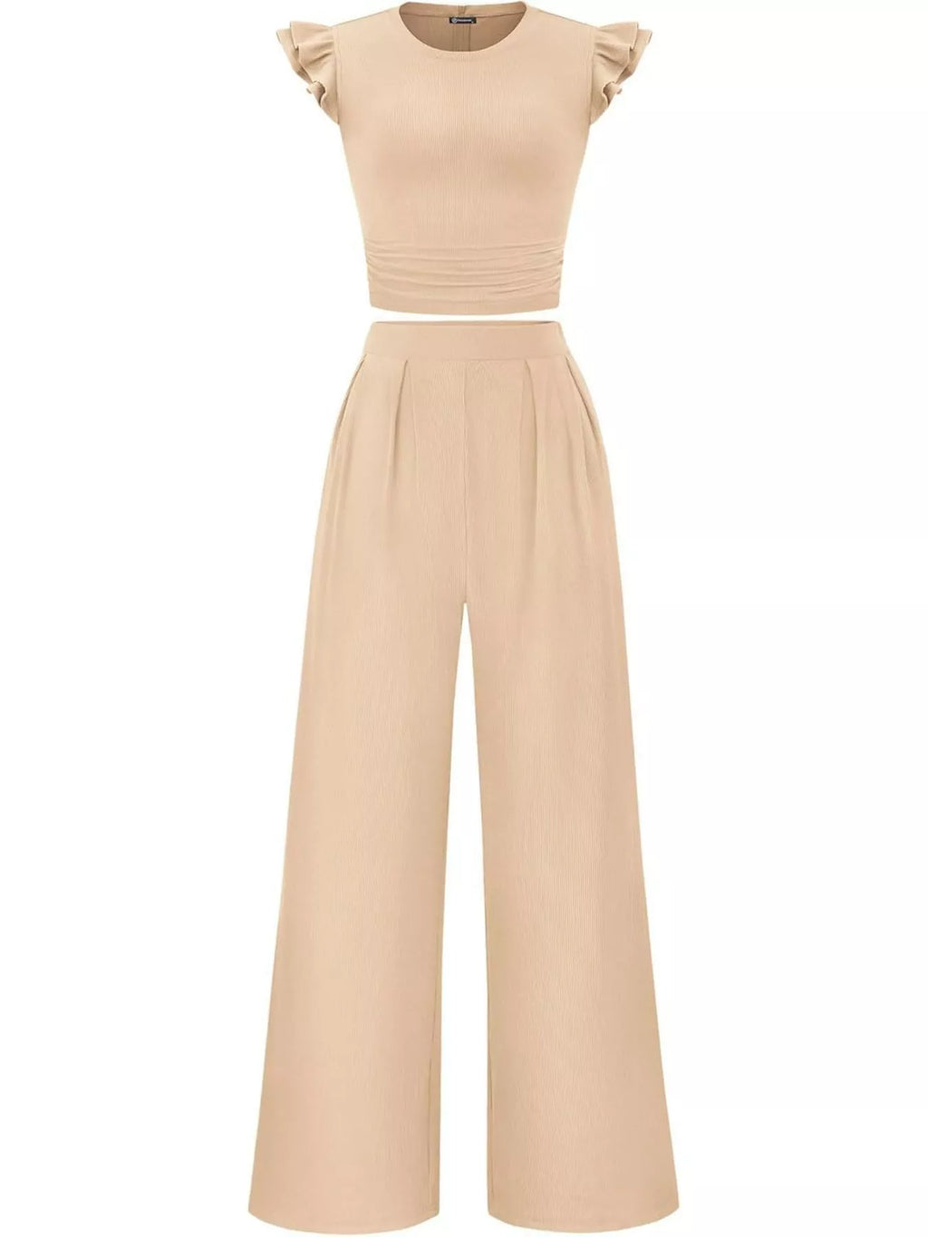 Ruffled Mock Neck Top and Wide Leg Pants Set