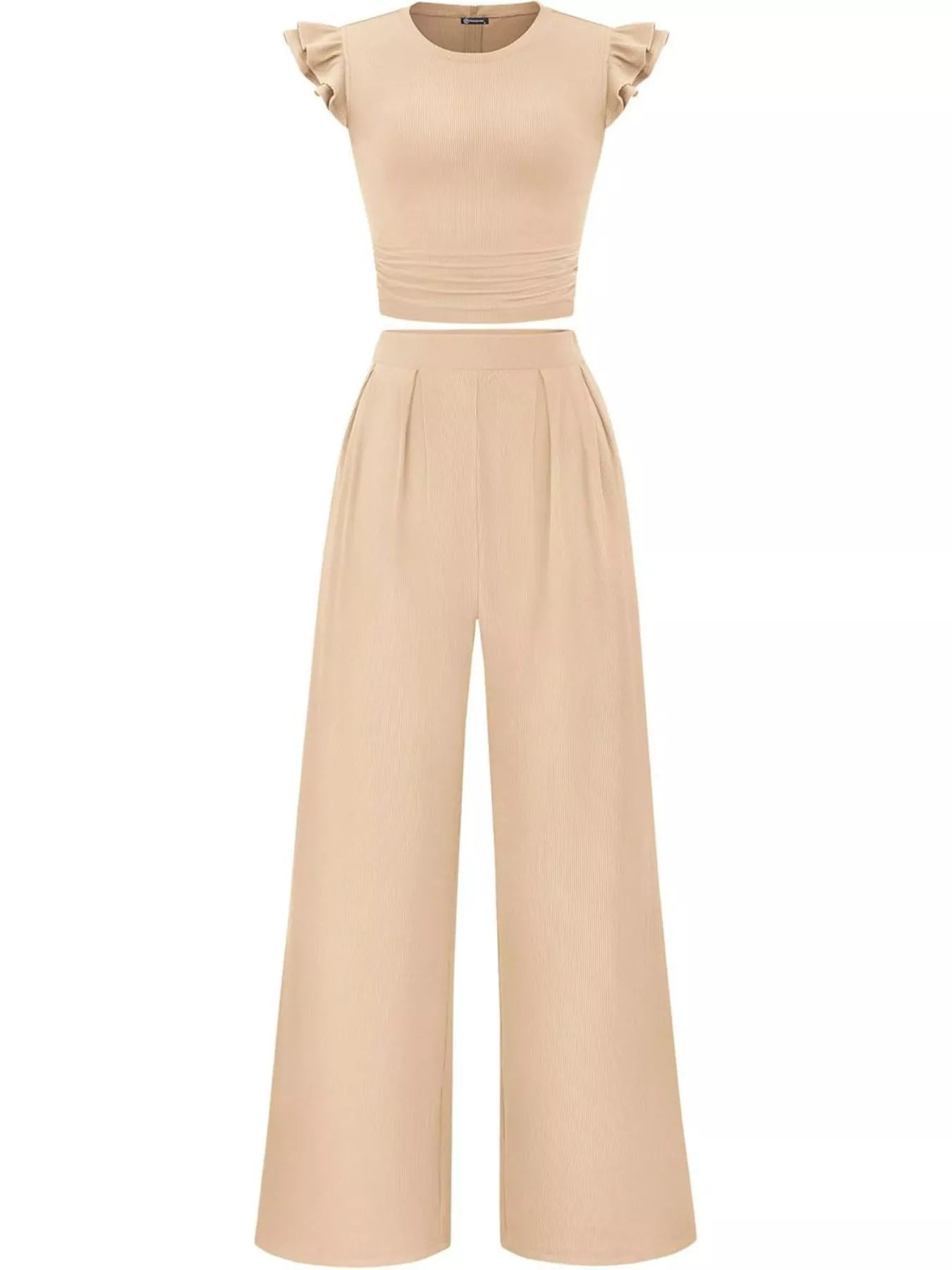 Ruffled Mock Neck Top and Wide Leg Pants Set