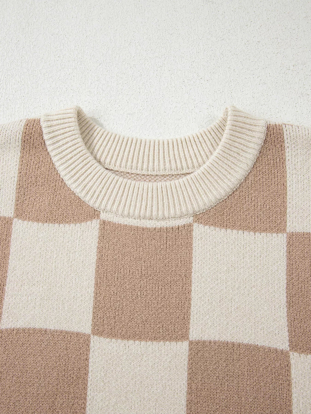 Checkered Pattern Ribbed Trim Knit Baggy Sweater