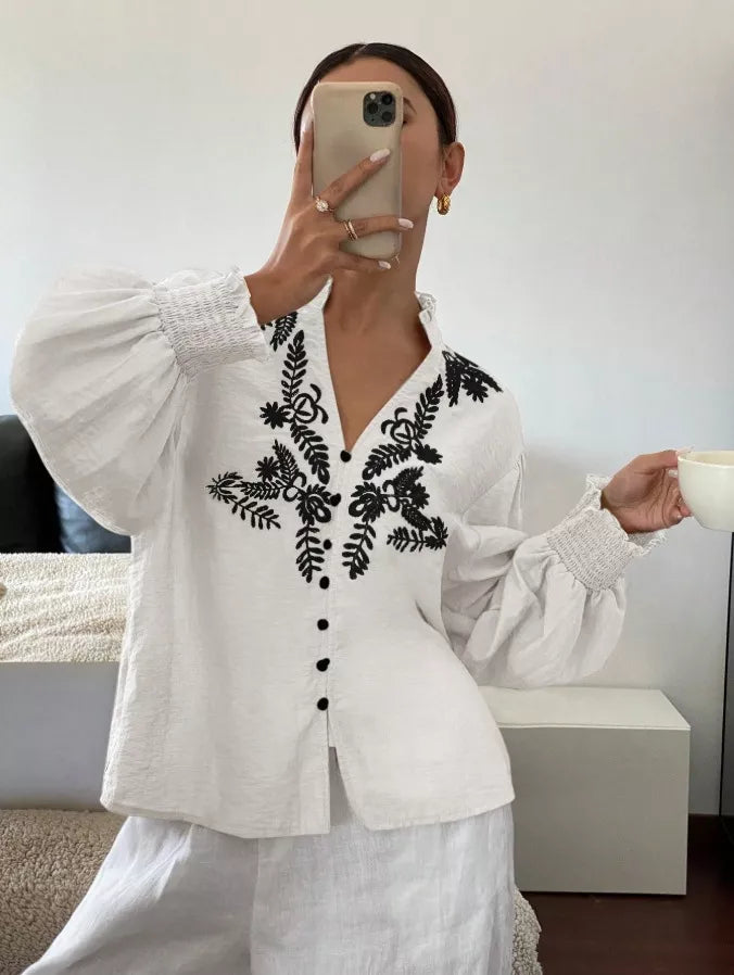 Embroidered Notched Long Sleeve Blouse
