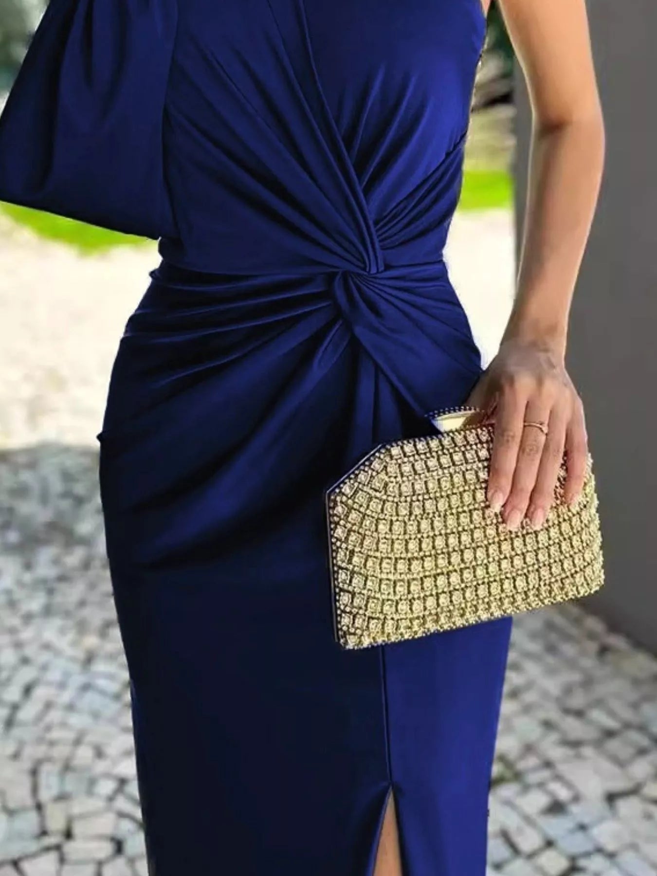 Full Size One-Shoulder Knot Detail Slit Maxi Dress Plus Size