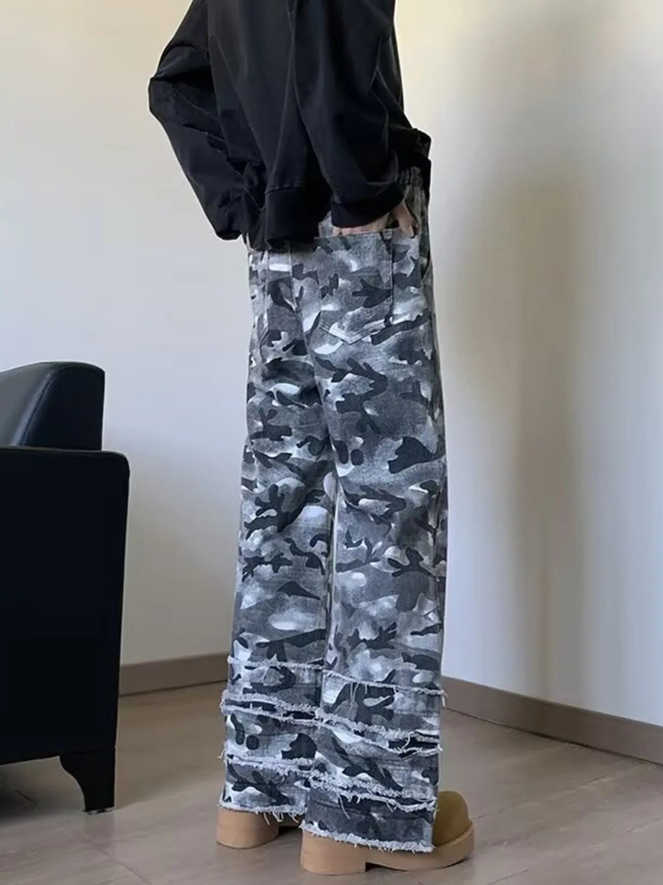 Men's Full Size Raw Hem Camo Wide Leg Jeans Plus Size