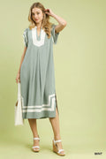 Umgee Linen Cotton Contrast Neckline Midi Dress