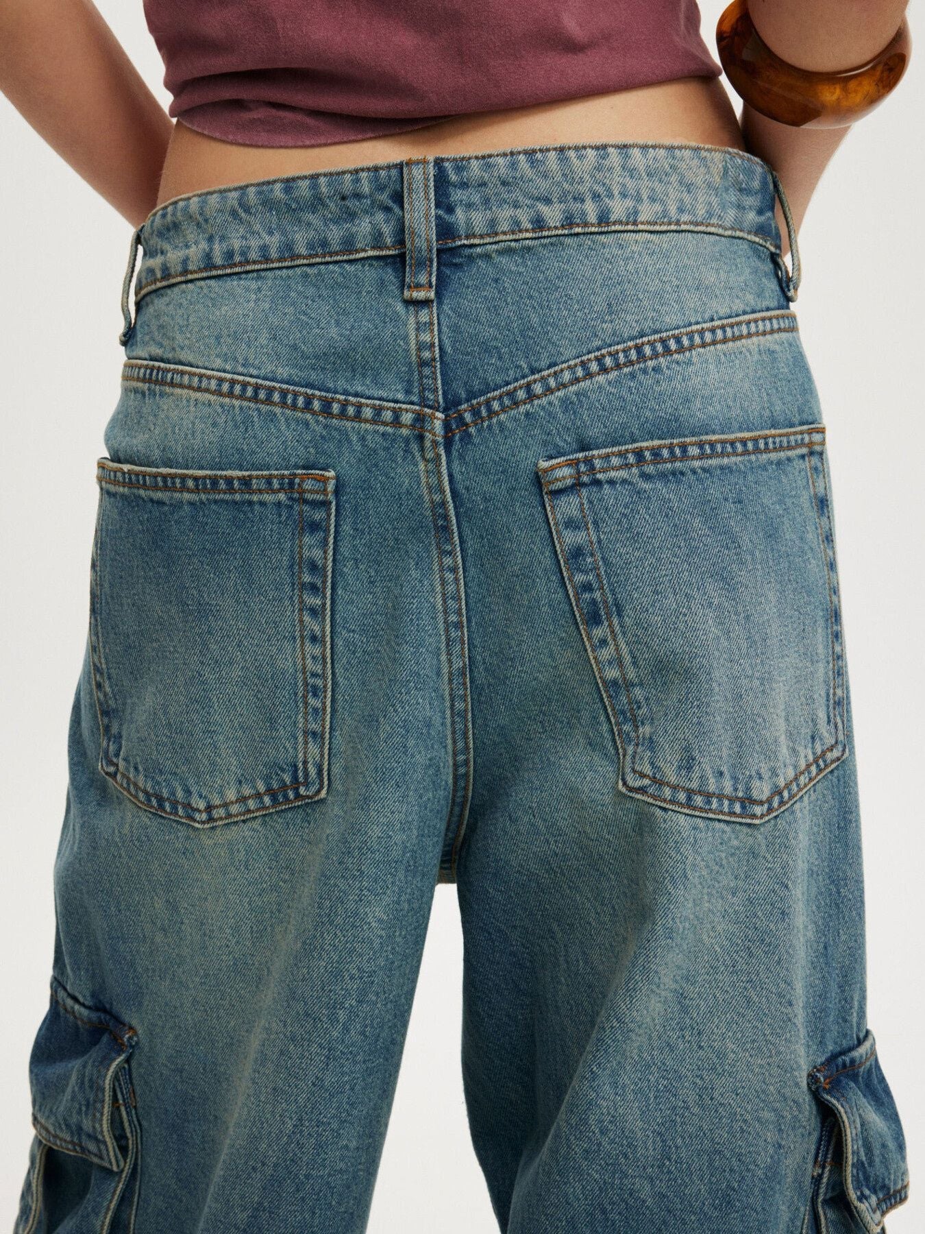 Vintage Wash Wide Leg Cargo Jeans