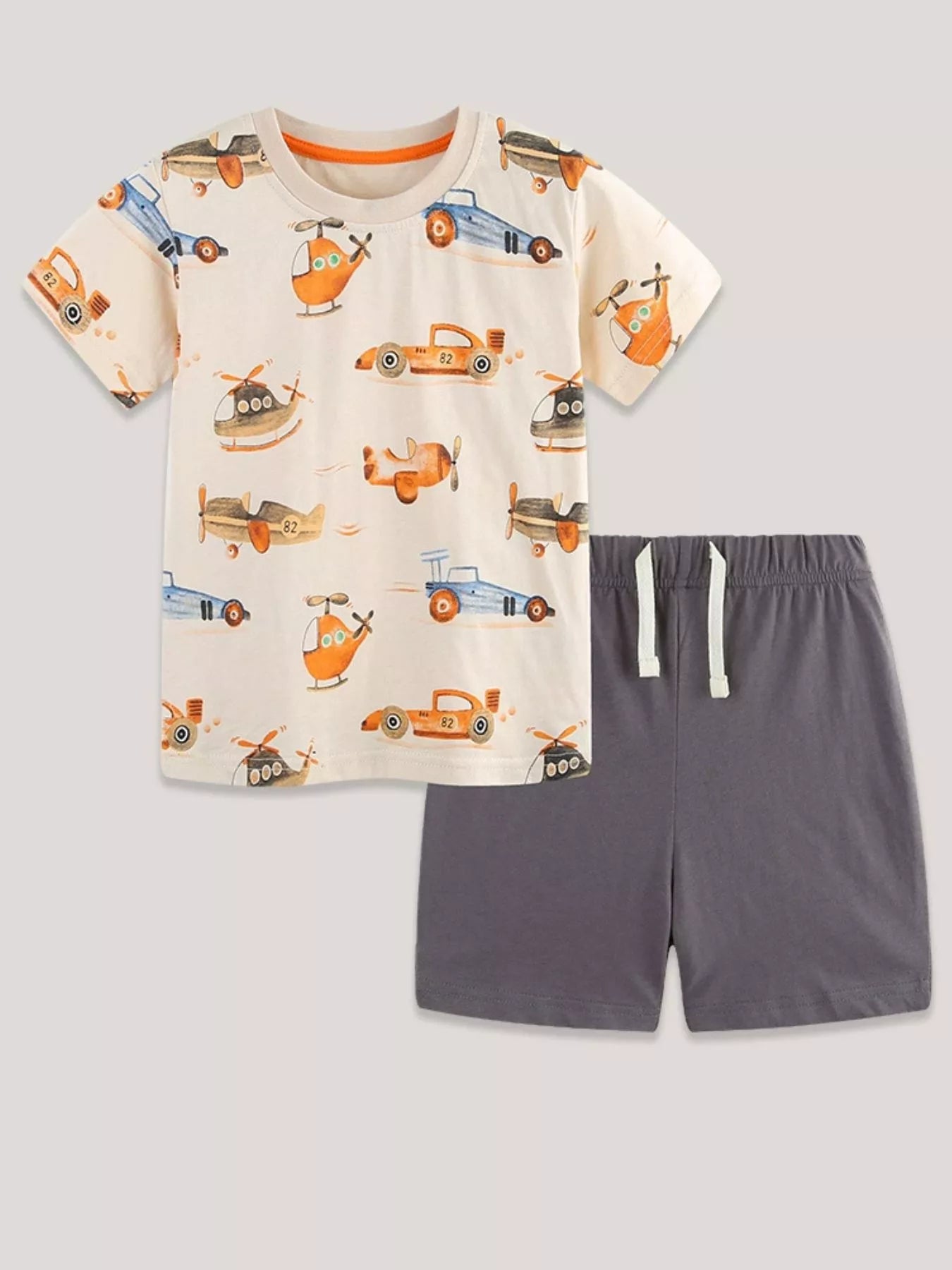 Children's Cartoon Vehicle Print T-Shirt & Shorts Set