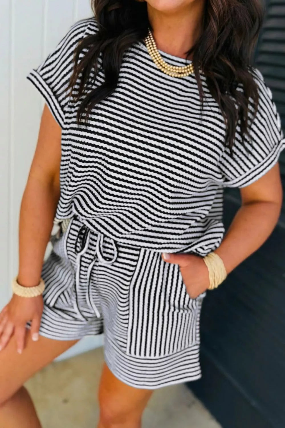 Striped Knit Short Sleeve Tee and Shorts Set