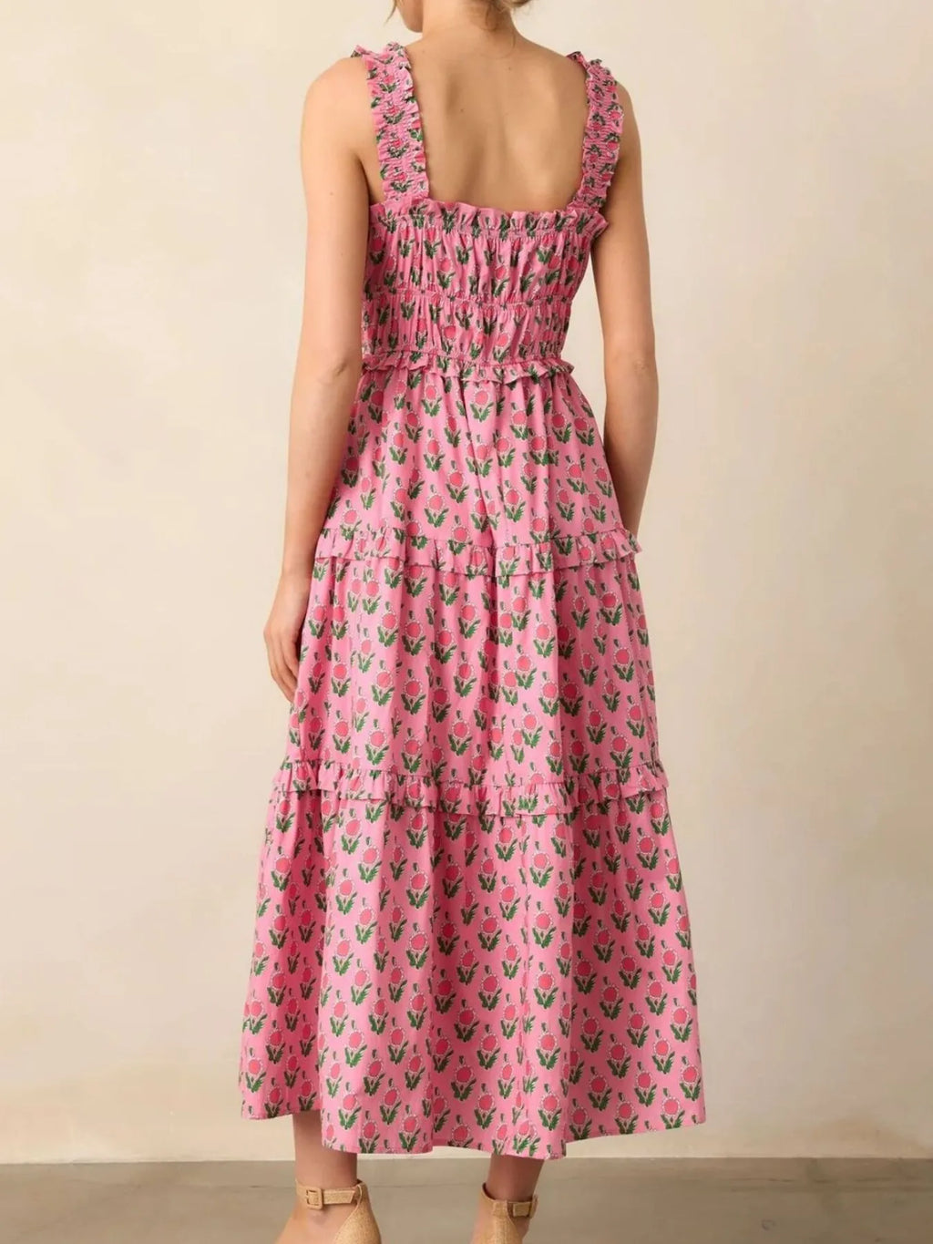 Floral Print Ruffled Midi Dress with Pockets