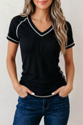 Waffle Textured Contrast Trim V Neck Tee
