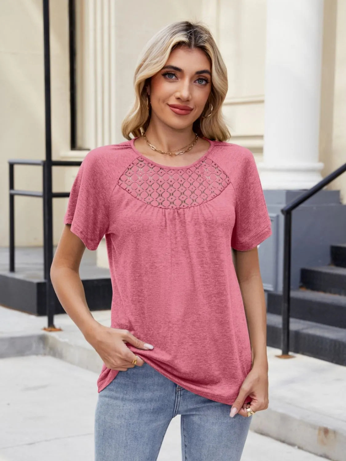 Lace Detail Round Neck Short Sleeve Blouse