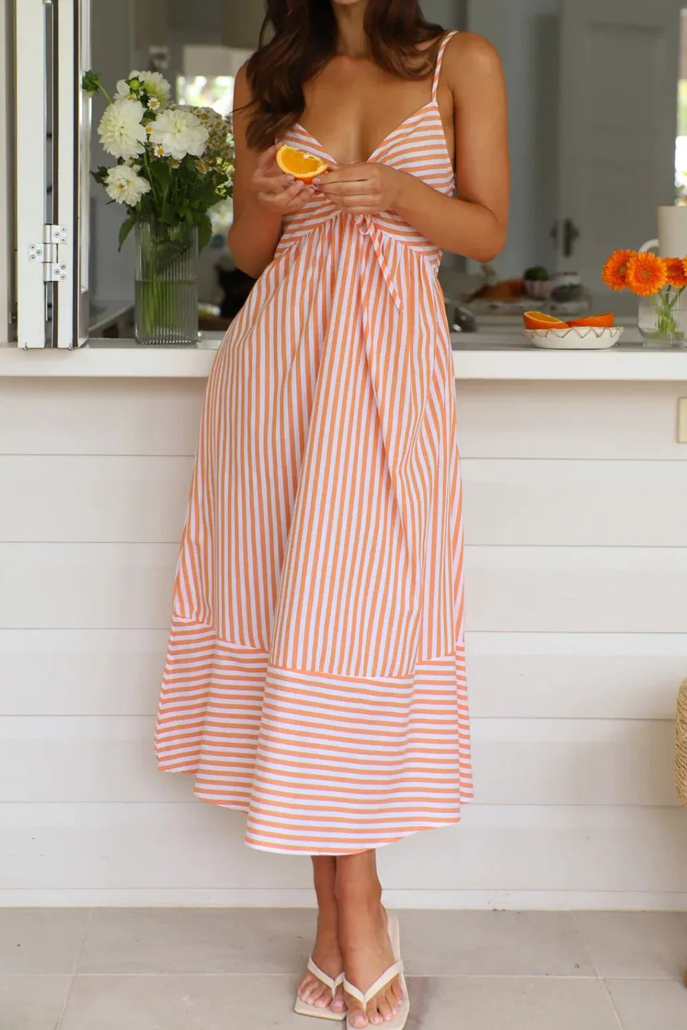 Smocked Back Striped Sleeveless Midi Dress