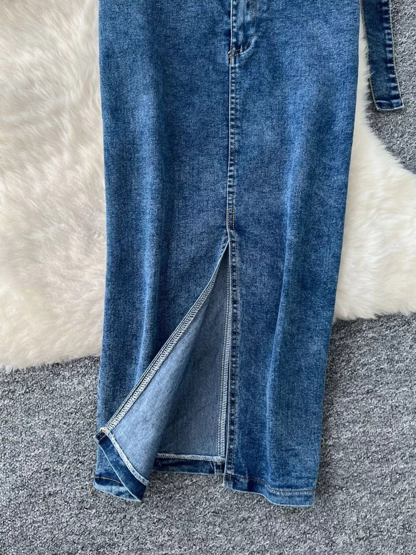 Frayed Denim Patchwork Top & Slit Maxi Skirt Denim Set