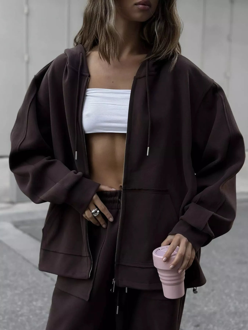Oversized Zip-Up Hoodie and Wide-Leg Pants Set