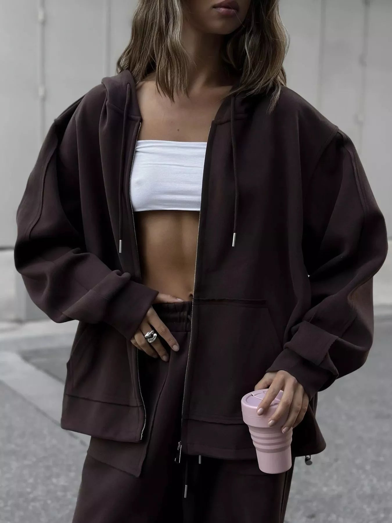 Oversized Zip-Up Hoodie and Wide-Leg Pants Set
