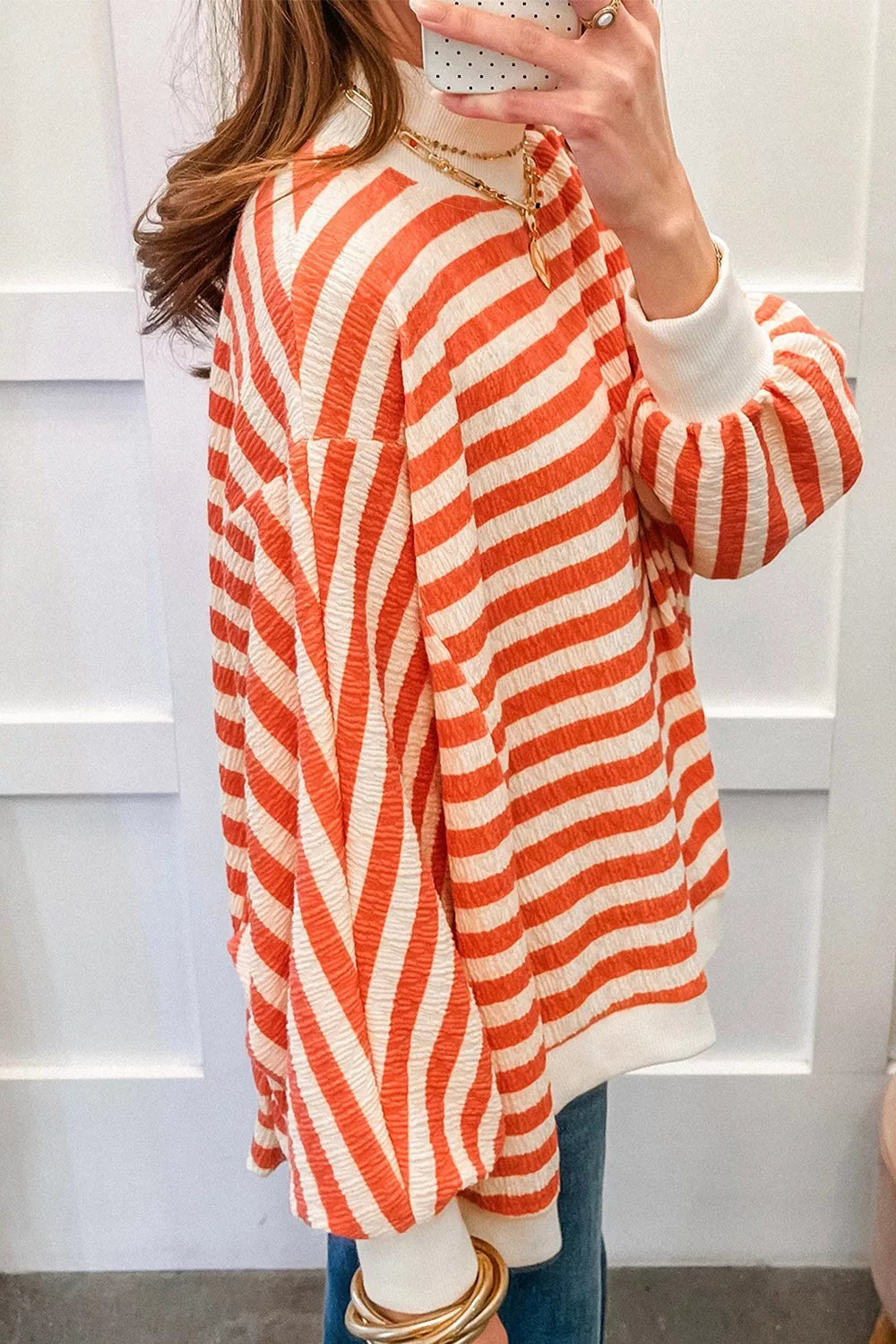 Striped Textured Stand Neck Oversized Long Sleeve Top