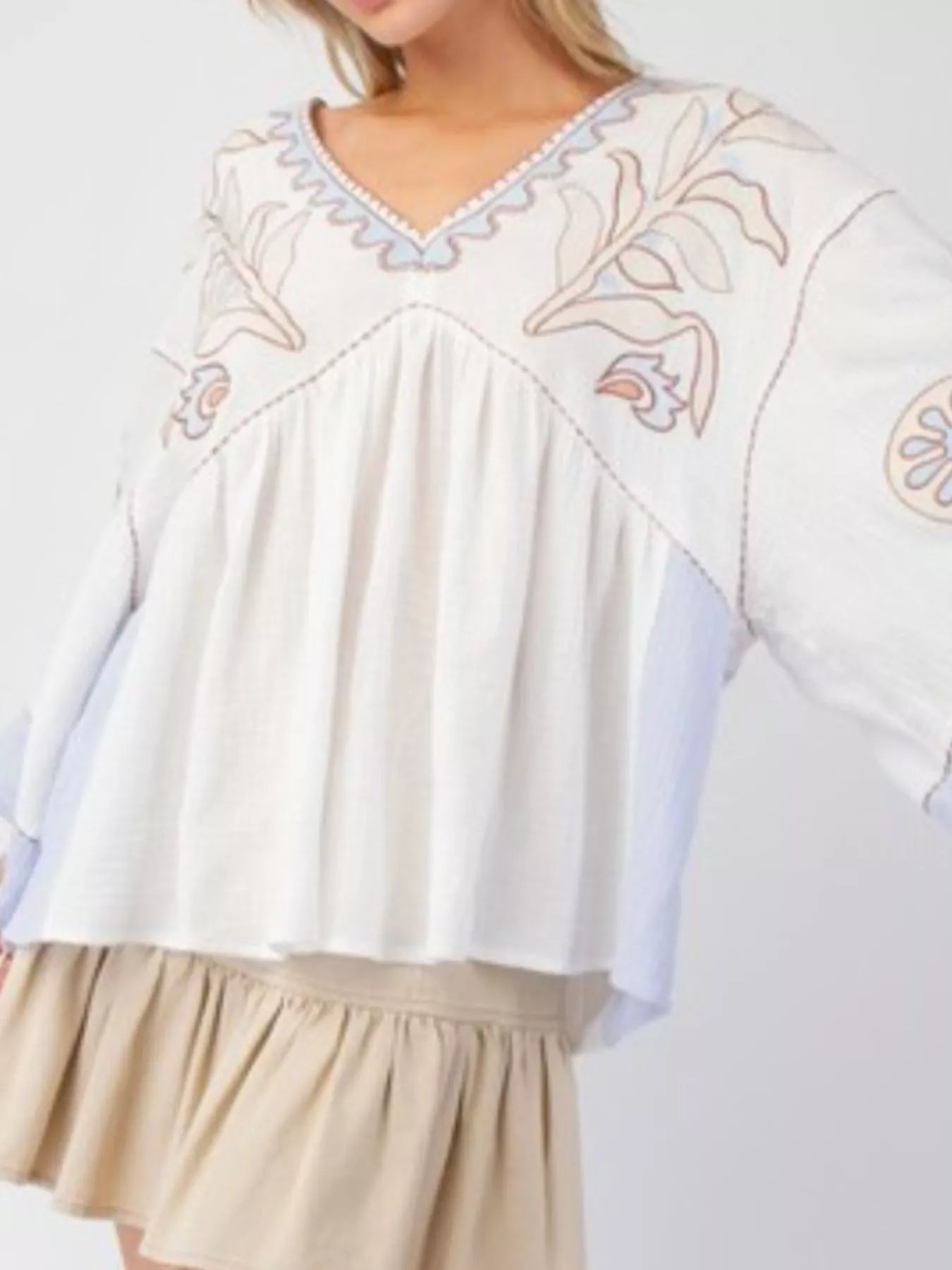 Printed V-Neck Top with Contrast Trim Details
