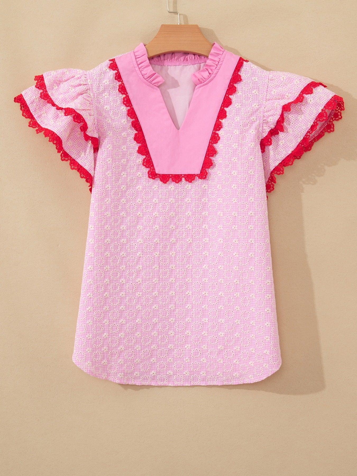 Eyelet Embroidered Flower Texture Contrast Lace Trim Flutter Sleeve Blouse