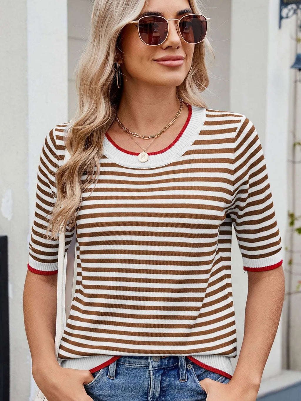 Striped Casual T-Shirt with Contrast Trim