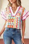 Mixed Print Contrast Trim Striped Patchwork Tiered Short Sleeve Blouse