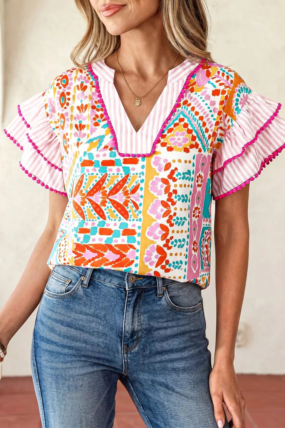 Mixed Print Contrast Trim Striped Patchwork Tiered Short Sleeve Blouse