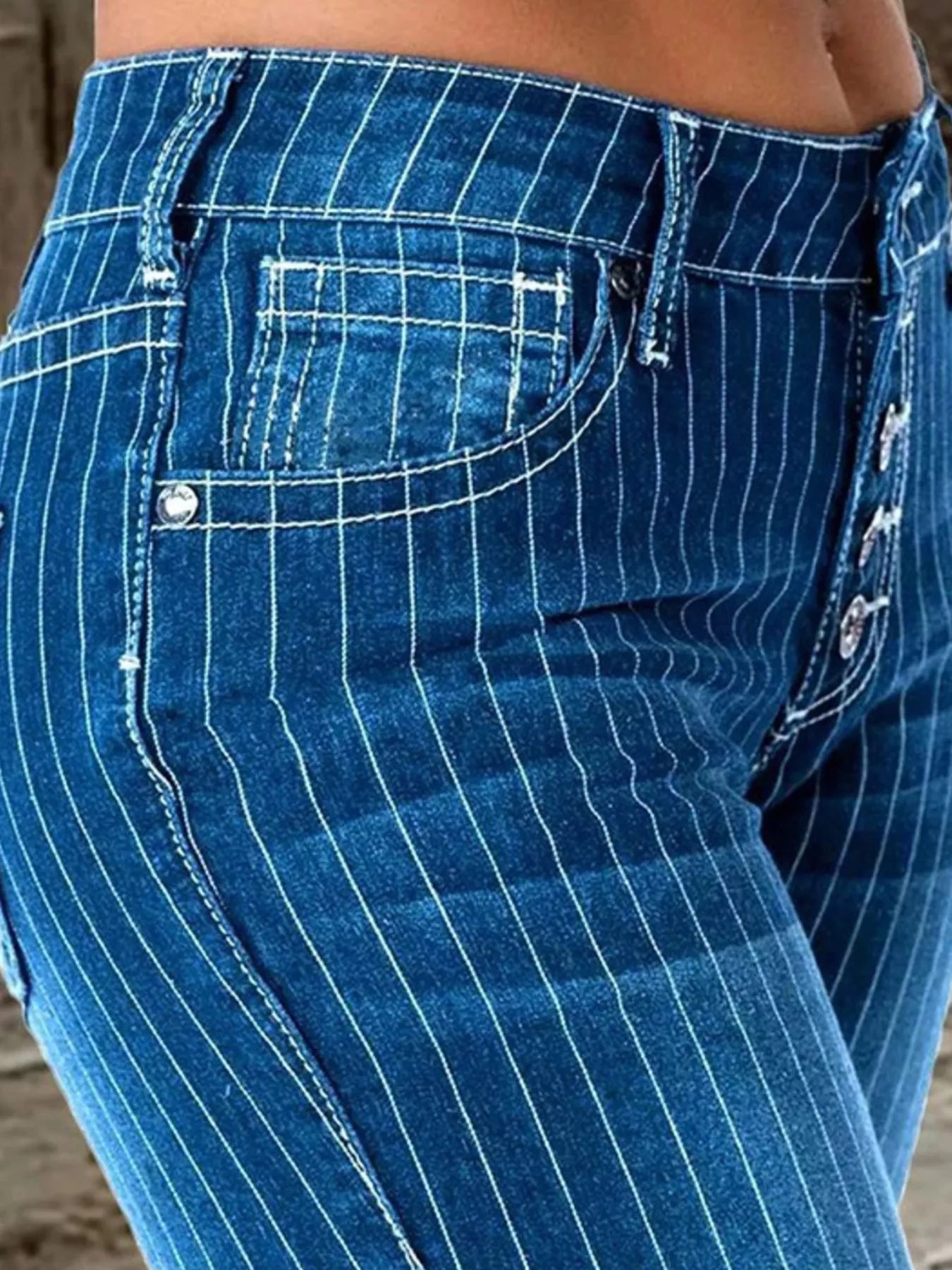 Striped Button Fly Flare Jeans