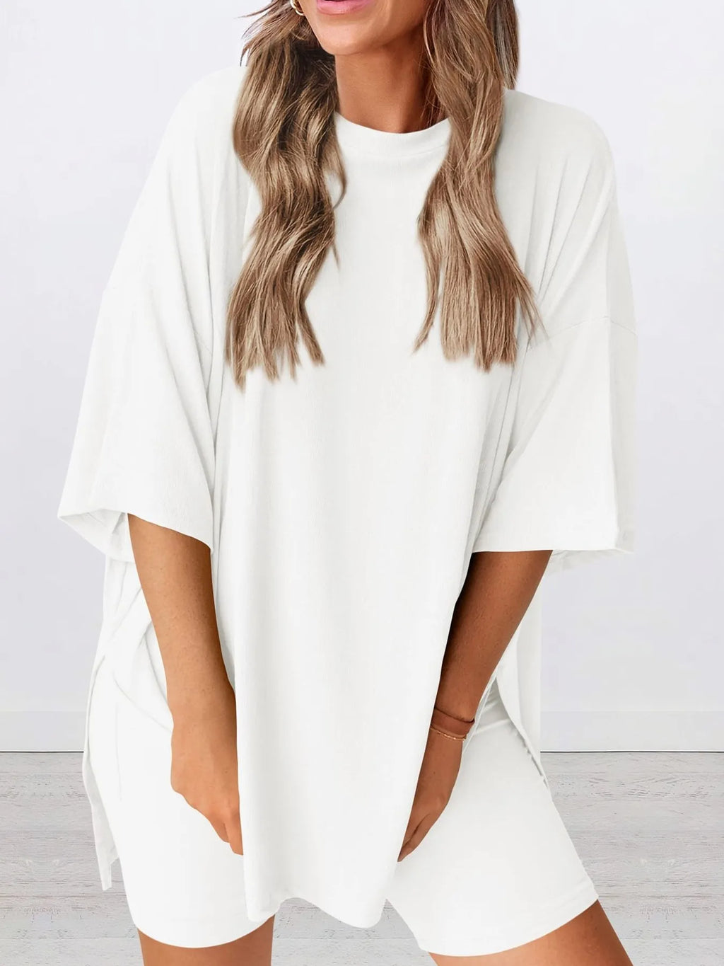 Full Size Oversized Round Neck Top and Shorts Set Plus Size