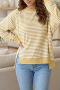 Stripe Textured Knit Color Block Trim Split Hem Long Sleeve Top