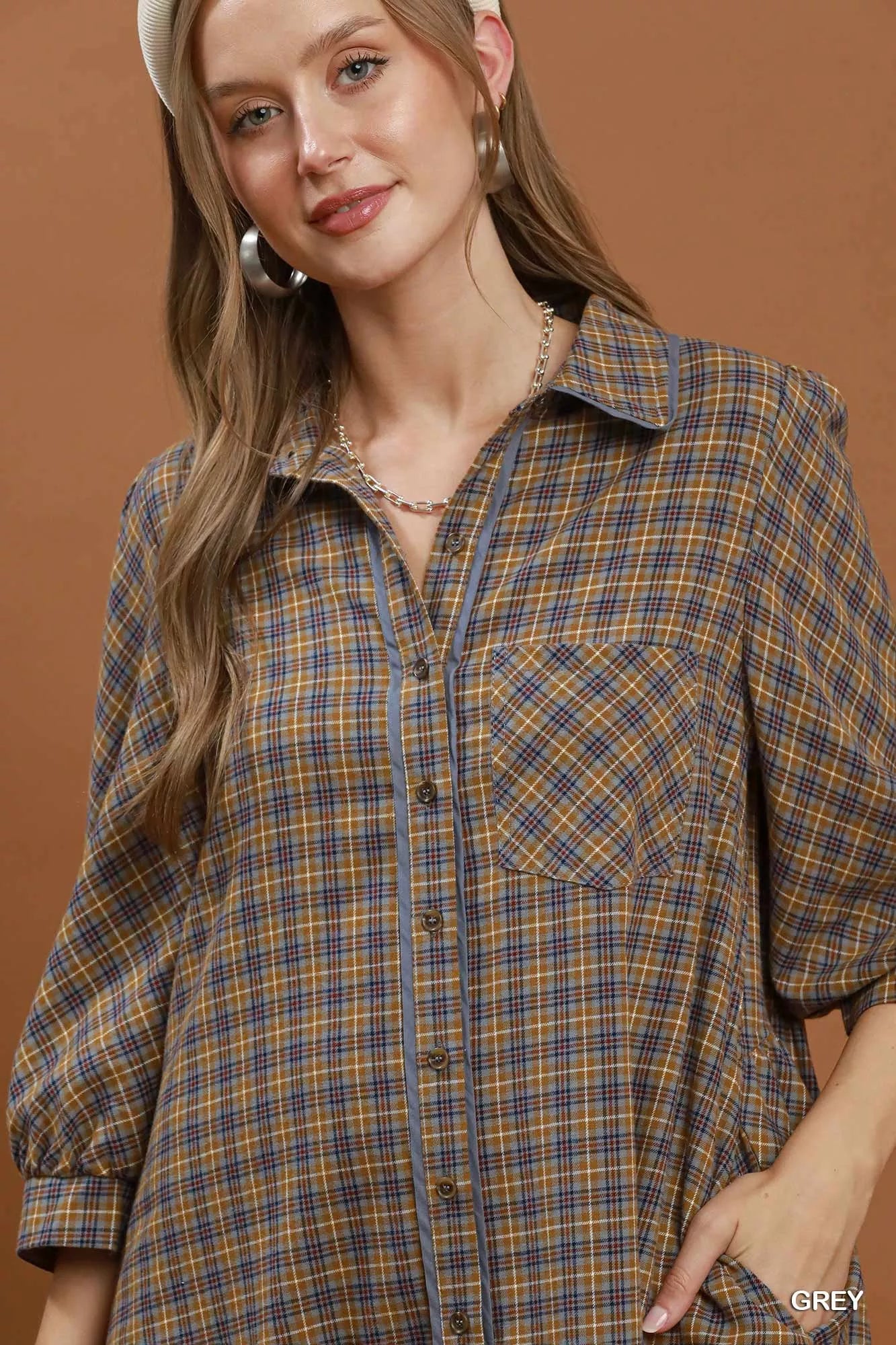 Umgee Plaid Button Down Oversized Shirt Dress