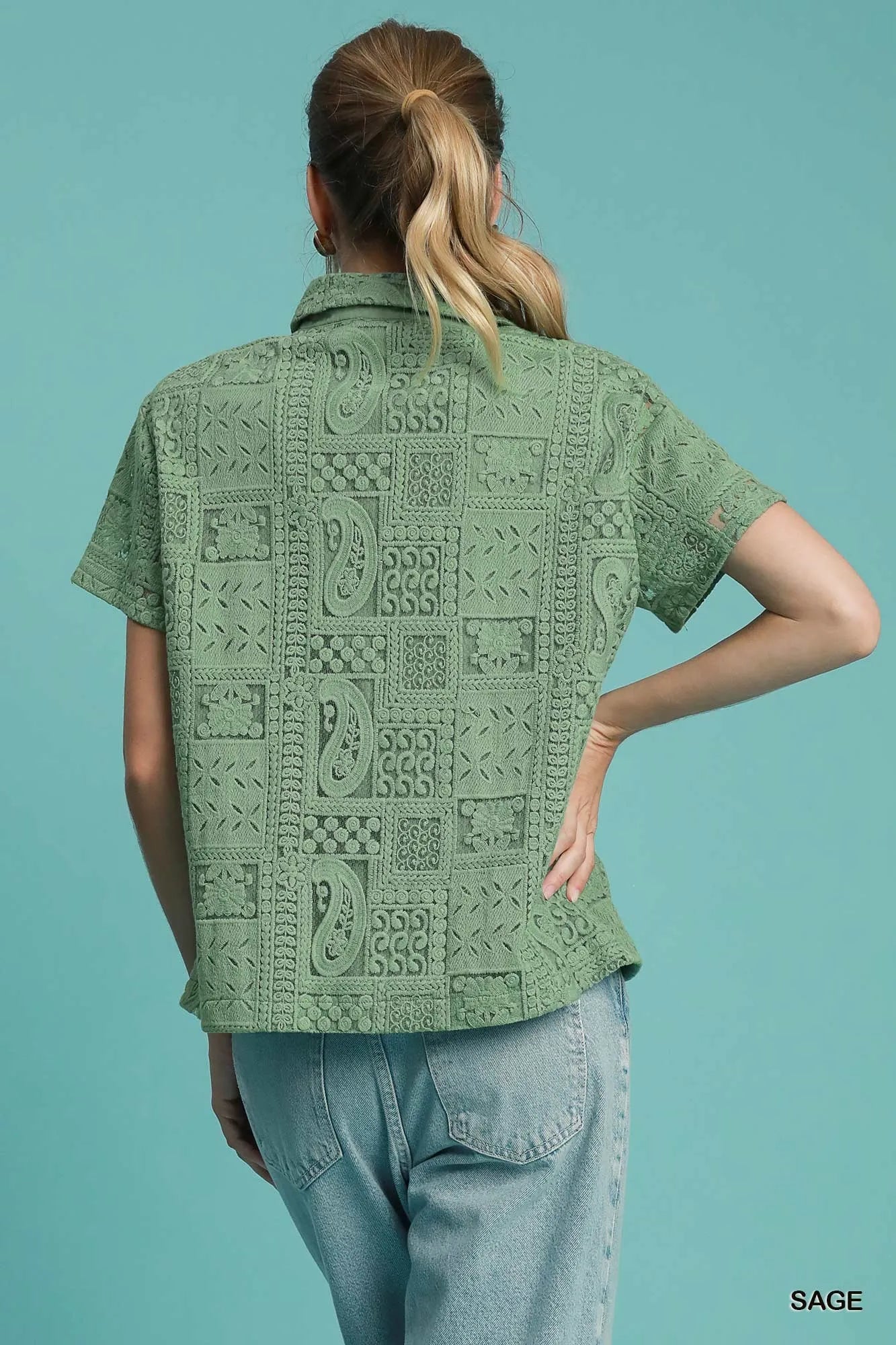 Umgee Patch Lace Short Sleeve Button Down Shirt