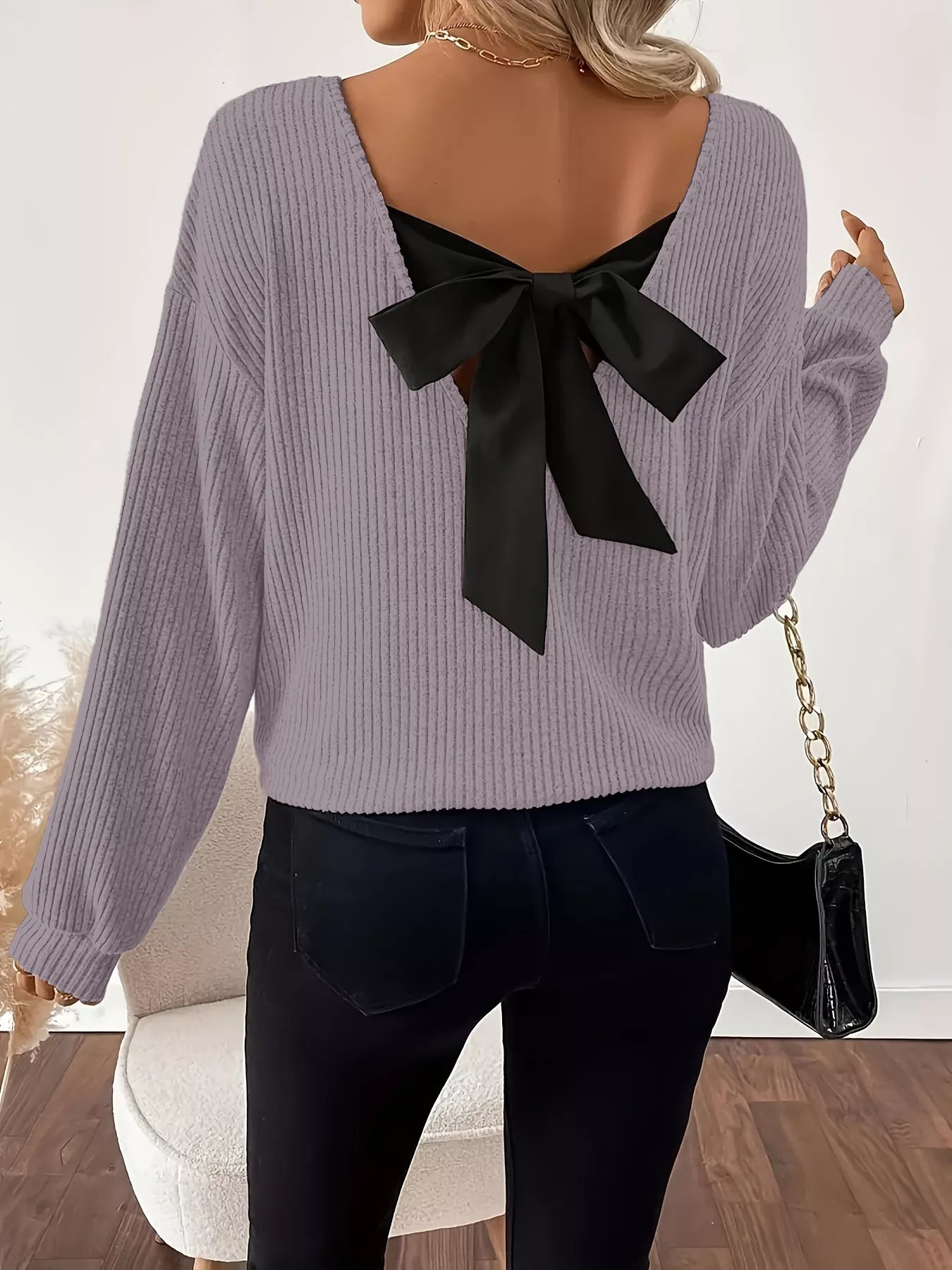 Full Size Ribbed Knit Backless Bow T-Shirt Plus Size