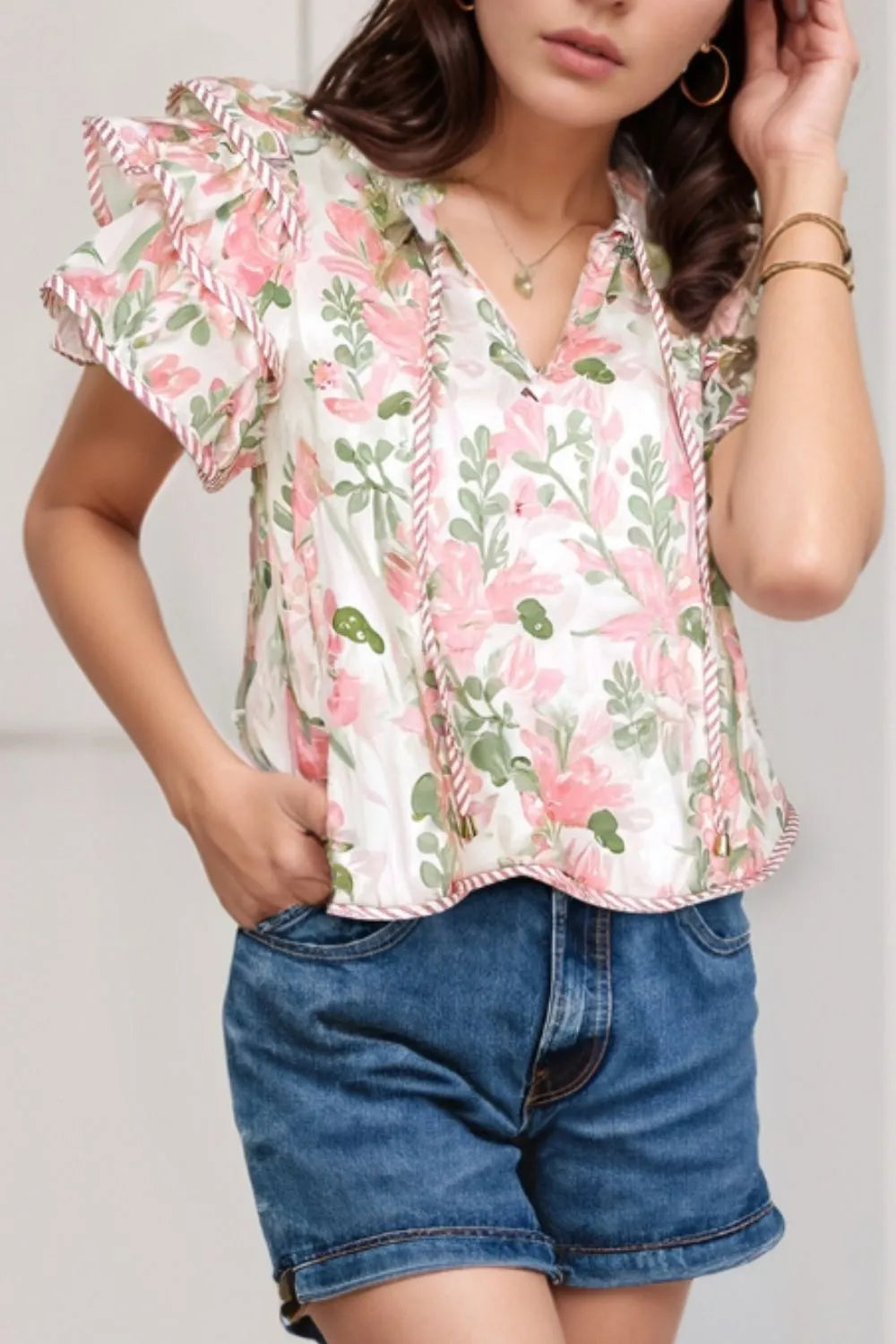 Floral Print Flutter Sleeve Tie Neck Blouse