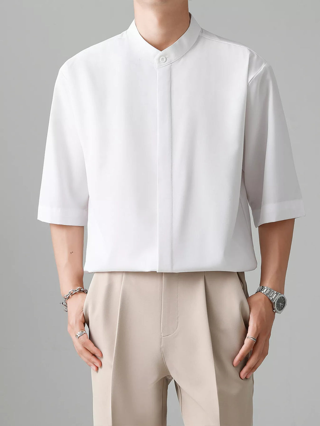 Men's Full Size Casual Mandarin Collar Half Sleeve Shirt Plus Size