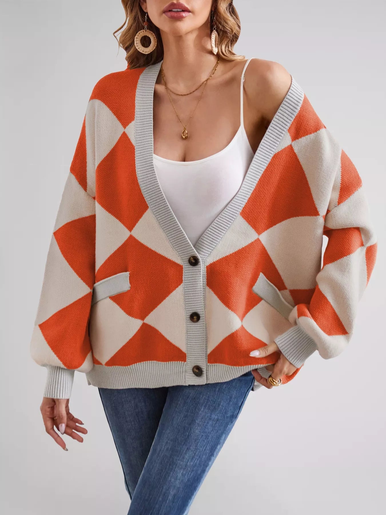 Diamond Pattern Button-Up Knit Cardigan