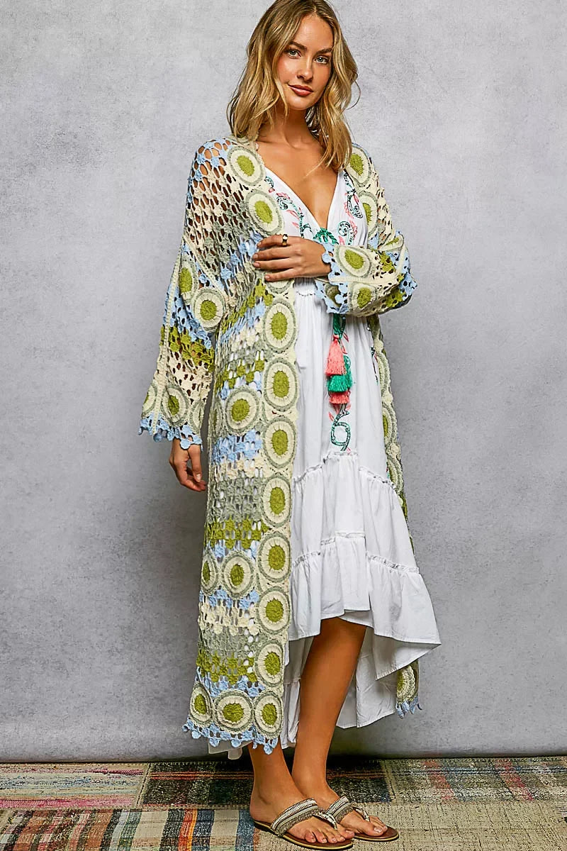 POL Scalloped Edge Open Front Crochet Cardigan with Colorful Stripe Pattern