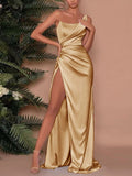 One-Shoulder Satin Maxi Dress with High Slit
