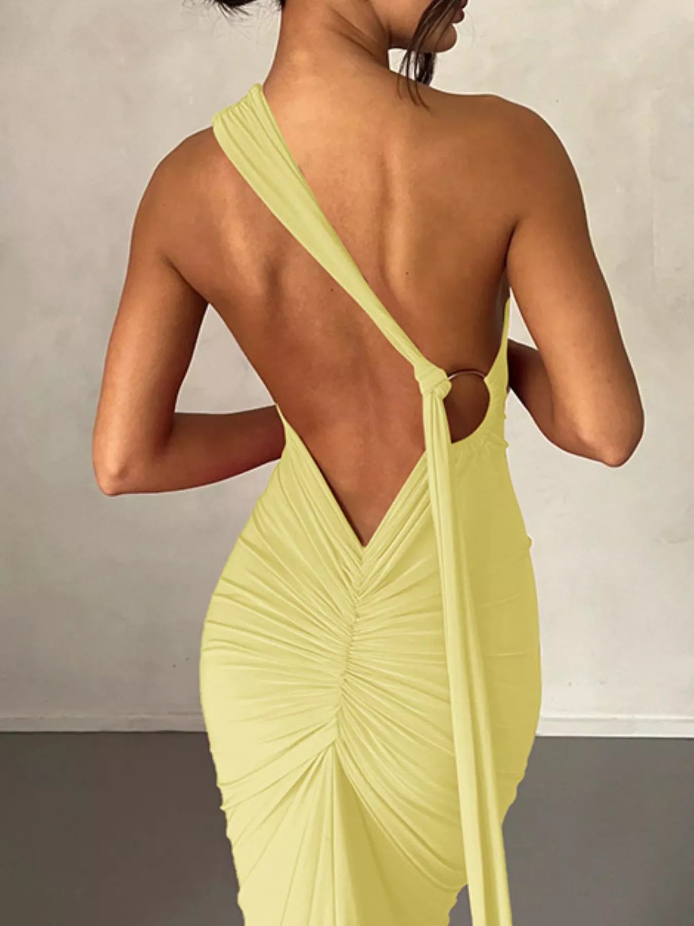 Backless One-Shoulder Ruched Bodycon Maxi Dress