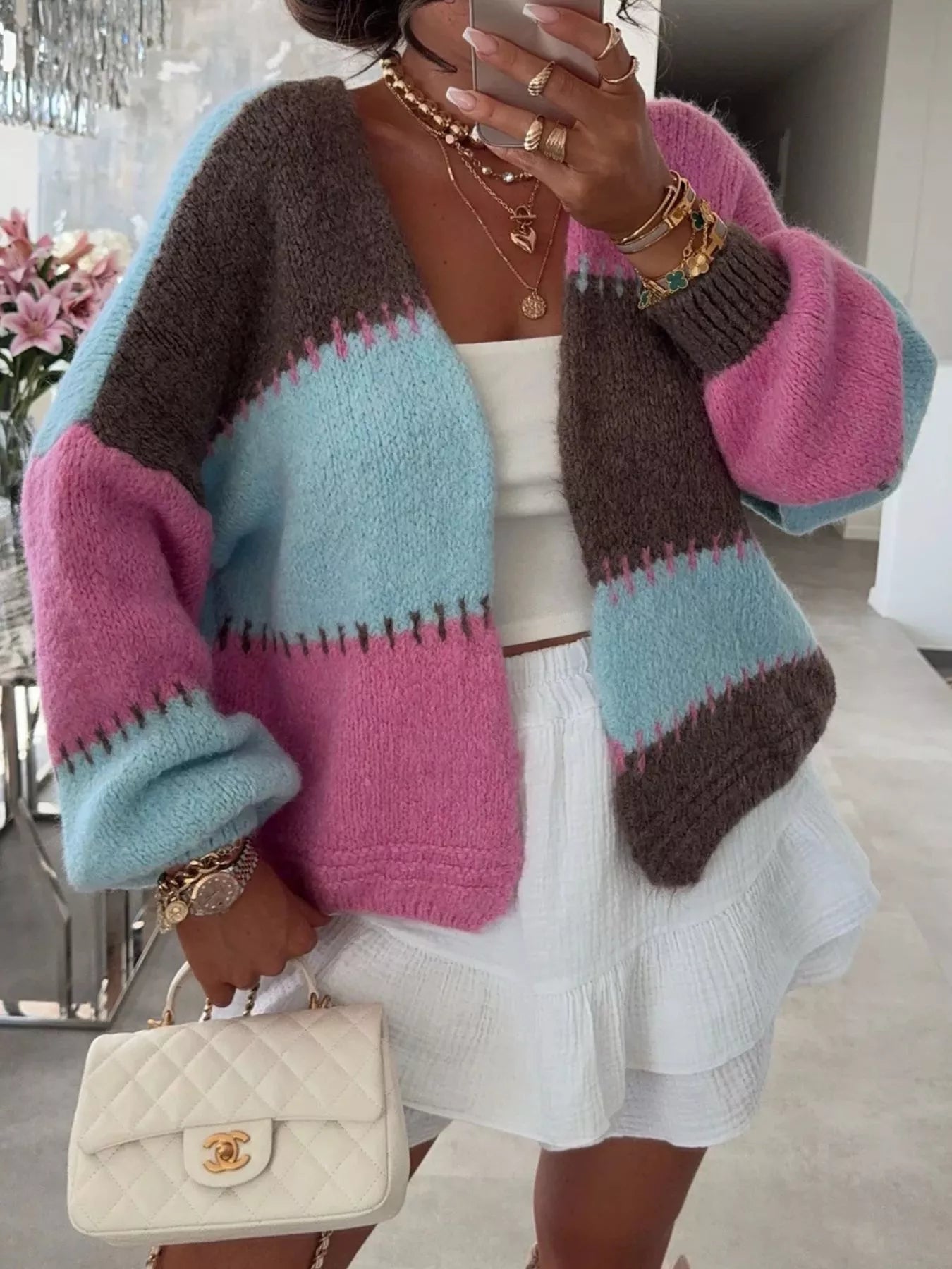 Color Block Open Front Cardigan