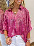 Collared V Neck Half Sleeve Metallic Top