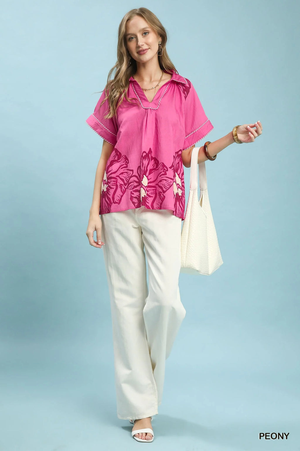 Umgee Floral Split-Neck Short Sleeve Top